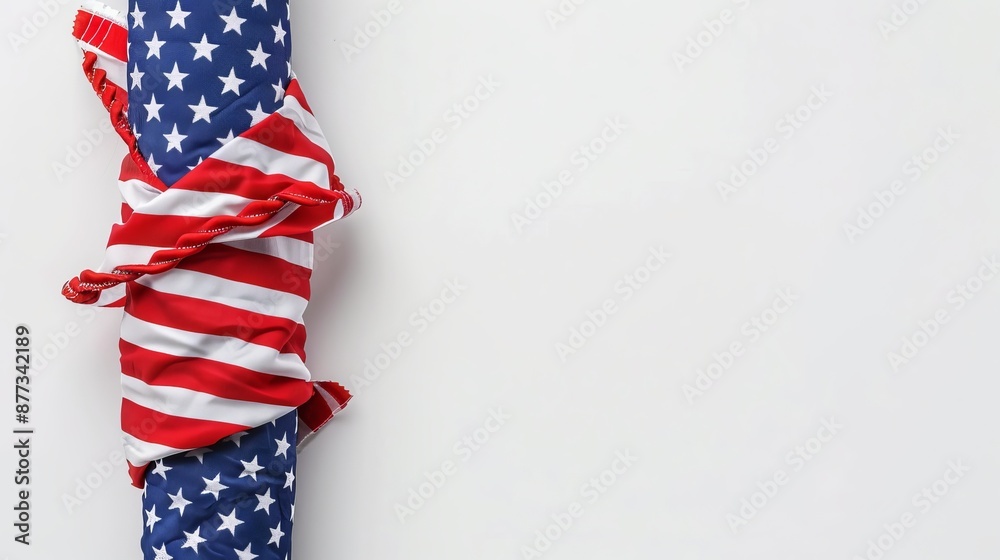 Obraz premium American flag wrapped and tied on a vertical pole with space for text on the right, symbolizing patriotism and national pride., 4th of july holiday,Independence Day,Memorial Day
