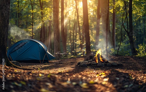 A blue tent nestled amongst tall trees in a sun-dappled forest, with a campfire burning nearby and smoke rising through the morning mist.