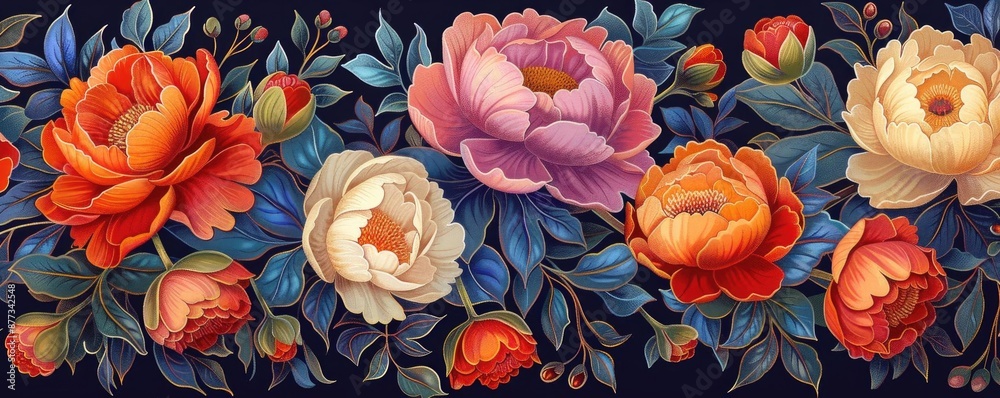 Beautiful floral border with delicate pink and cream peonies, green leaves and a dark background.