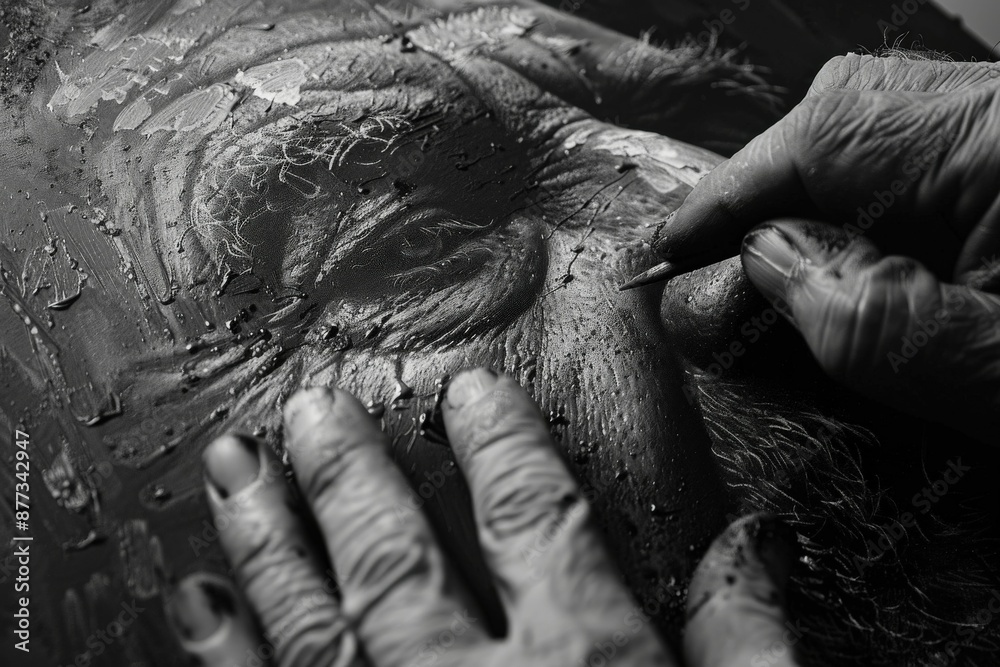Close-Up of Artist's Hands Creating Detailed Portrait in Black and White Close-Up of Artist's Hands Creating Detailed Portrait in Black and White