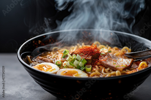 ramen in a black bowl against a dark background, with ingredients like eggs and meat floating above the noodles, and steaming hot water splashing on top in a close-up