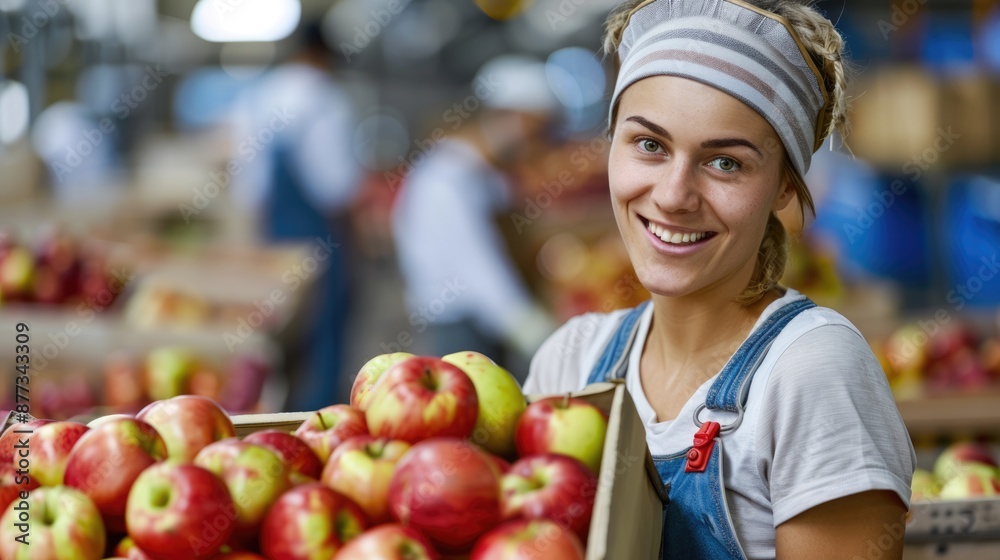 Food Processing Worker. Portrait of Confident Female Worker Carrying Box of Apples in Plant Food Processing Worker. Portrait of Confident Female Worker Carrying Box of Apples in Plant