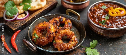 Delicious Indian snacks like spicy mirchi bajii and masal vada chana daal served with onion chops and chutney in a copy space image photo