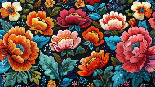Vibrant floral pattern with bright red, pink, and orange flowers on a dark background.