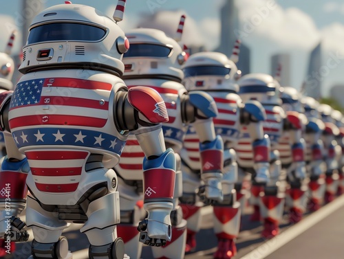 A row of futuristic robots decorated with the American flag marching in unison against a modern cityscape background.