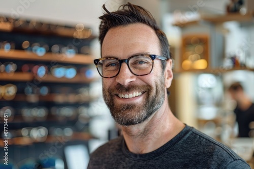 Smiling 30S Glasses Man Portrait in Optical Store Trying on Eyeglasses