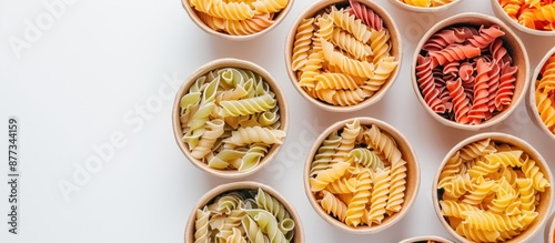 Top view of multicolored pasta in disposable kraft paper cups on a white background creating a copy space image