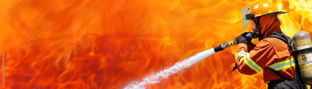 Firefighter battling a blaze with water hose Firefighter battling a blaze with water hose