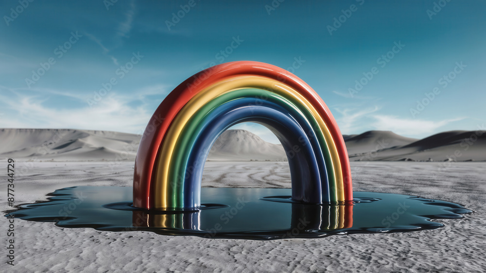 Naklejka premium Concept depicting a barren grey wasteland void of any natural life and a plastic rainbow in oil trying to convey a future that looks bright and colorful in contrast to the bleak and dull surroundings.