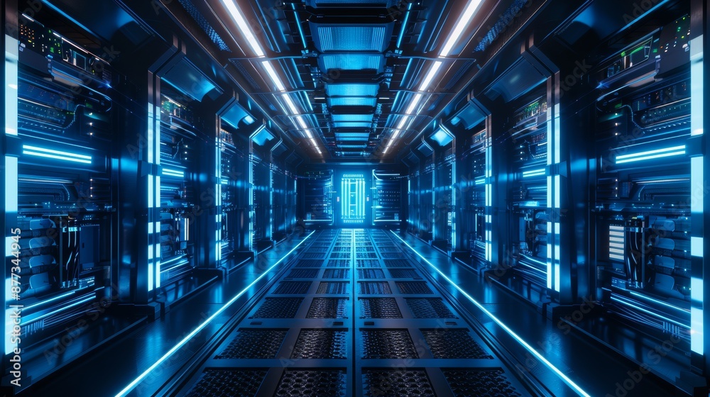 Background rendering of sci-fi spaceship corridors with blue light in a science fiction interior. Background rendering of sci-fi spaceship corridors with blue light in a science fiction interior.