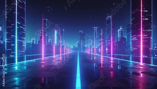 This is a 3D render of neon and light glowing on a dark scene. The theme is cyber punk night city concept, night life, technology networks, and the future. This is a futuristic scene and a pattern of © Mark