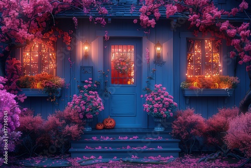 A house with a blue door and pink flowers in front of it