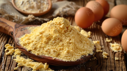 Egg Powder. Close-up Fresh Powdered Eggs on Old Wooden Table, Selective Focus