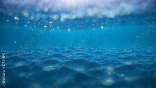 Underwater Scene with Glittering Bokeh Effect, abstract underwater image featuring a blue ocean with a mesmerizing bokeh effect, Perfect for enhancing modern and minimalistic designs. 