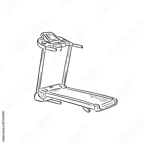 A running machine, drawn by hand in black and white. A piece of gym equipment vectorised line drawing. 