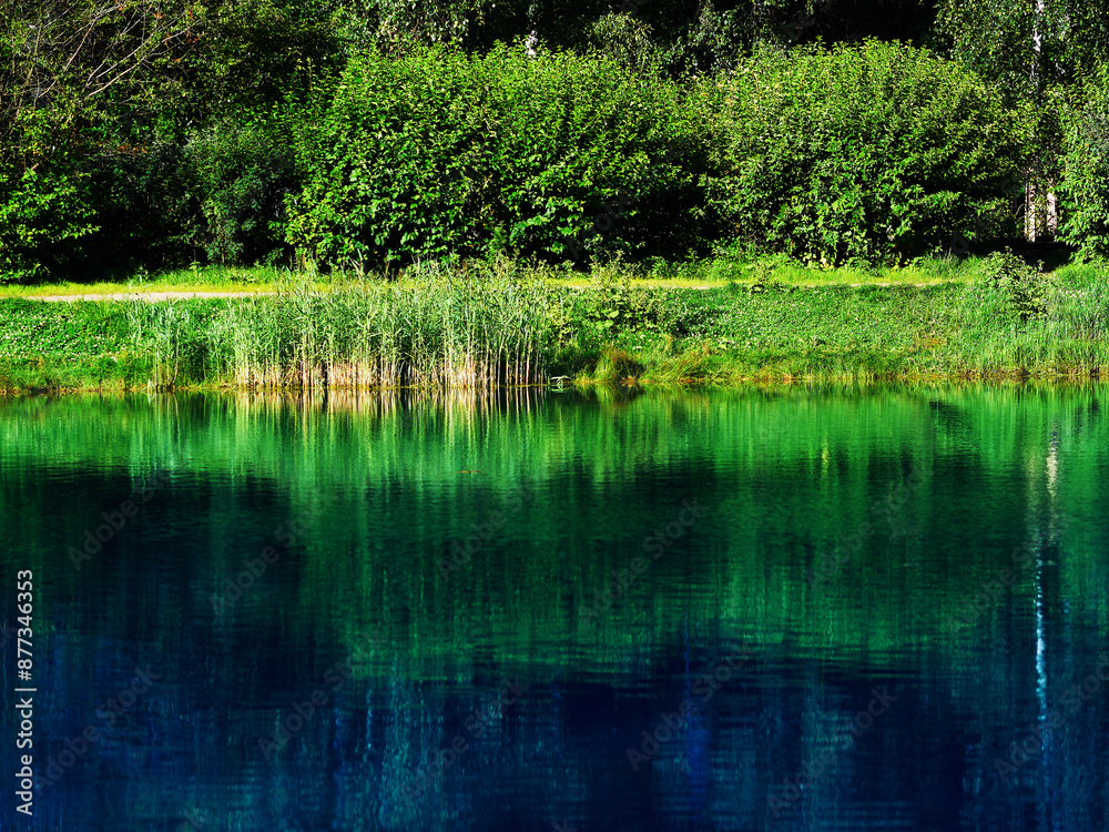 Obraz premium Dramatic lake beach in city park background