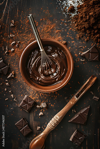 Top view of melted chocolate in bowl with whisk. World chocolate day. Process of tempering choco by pastry chef. Sweet confectionery flat lay background. Design for poster, print, ads, card. photo