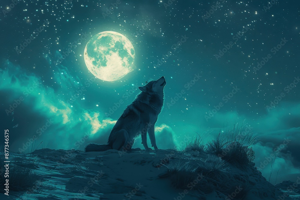 Majestic Wolf Howling at Full Moon Under Starry Night Sky in Mystical Landscape Majestic Wolf Howling at Full Moon Under Starry Night Sky in Mystical Landscape