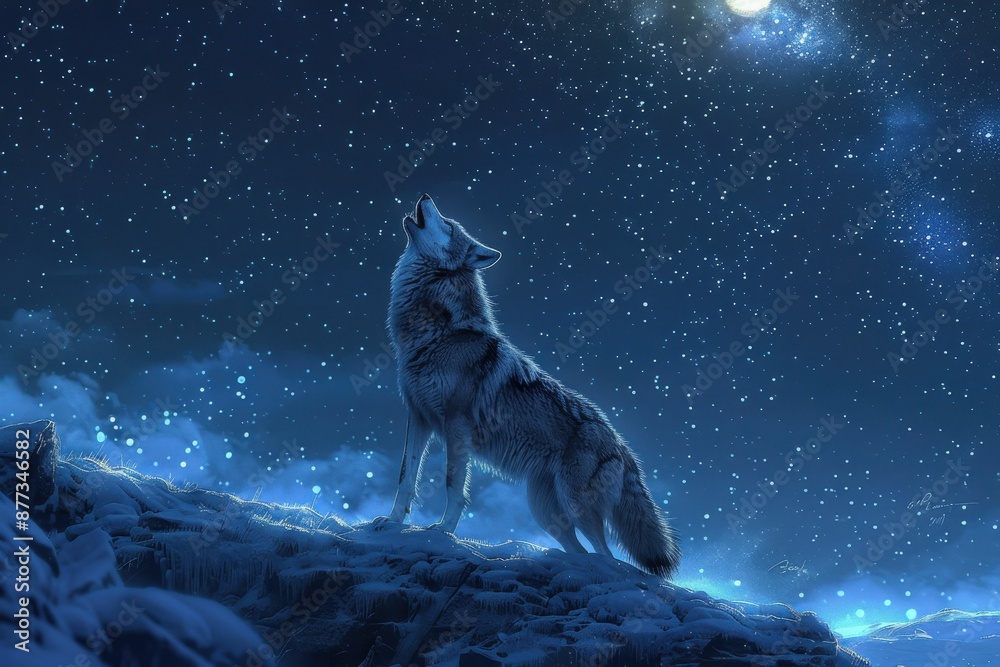 Naklejka premium Majestic Wolf Howling at the Moon Under a Starry Night Sky in a Snowy Winter Landscape