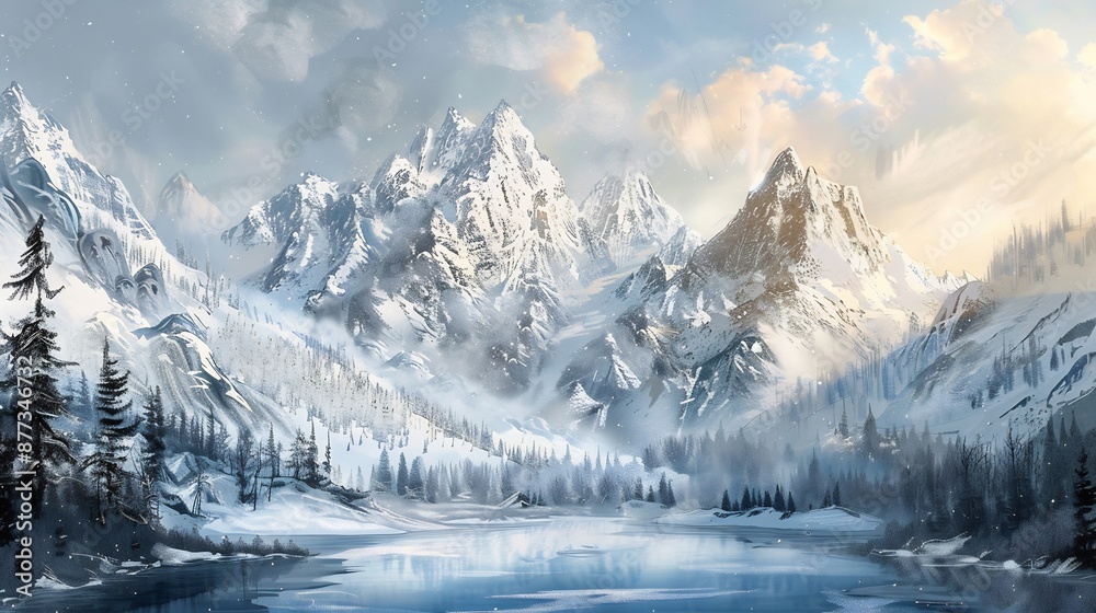 Snow-Covered Mountains and Frozen Lake Snow-Covered Mountains and Frozen Lake