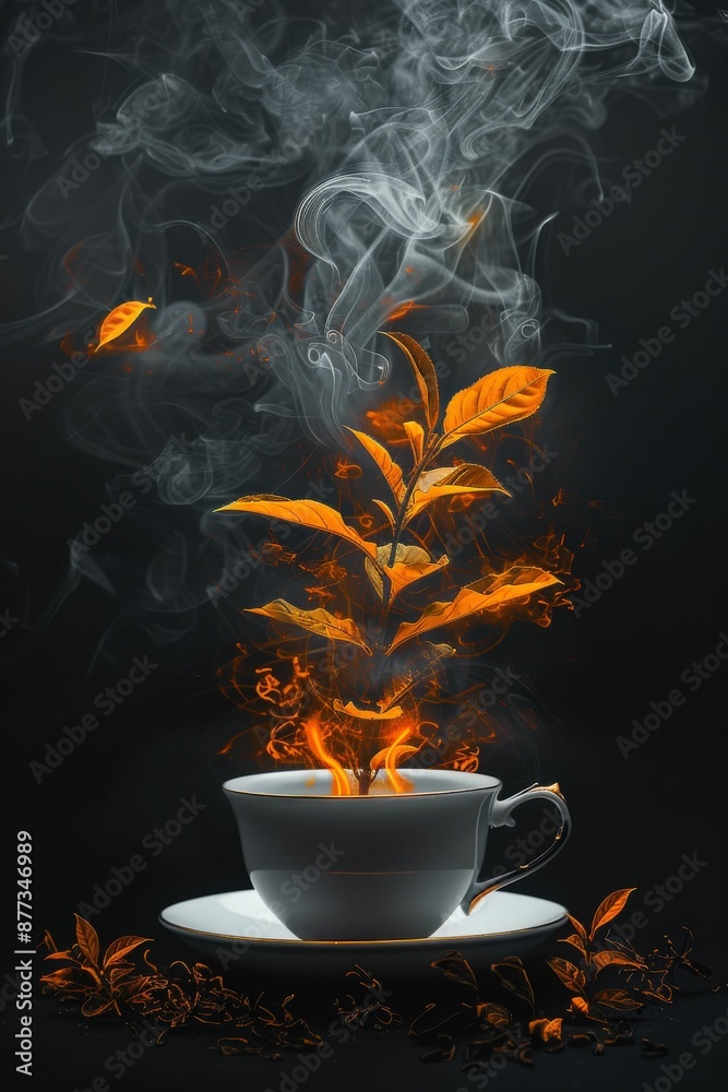 Enchanting Cup of Tea with Fiery Leaves and Mystical Smoke on Dark Background Enchanting Cup of Tea with Fiery Leaves and Mystical Smoke on Dark Background