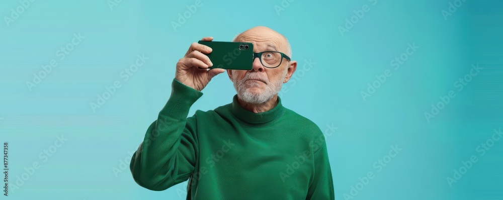 Fototapeta premium A older man in sweater is holding a cell phone. Free copy space for banner.