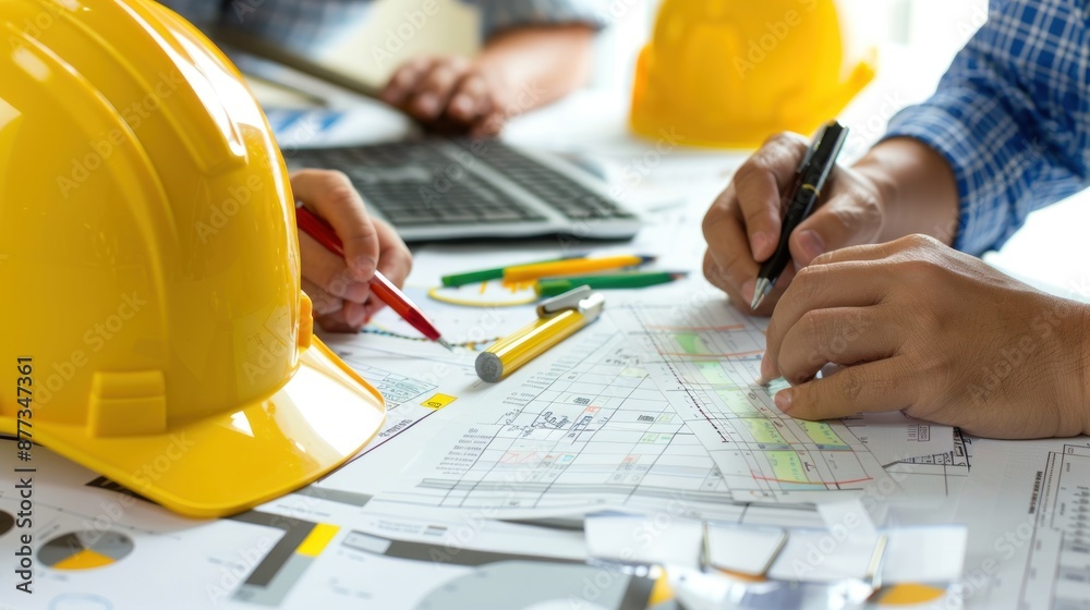 Generate a photo realistic image of a construction project team in a session planning the budget with detailed financial charts and documents; ensure the image is of high resolution. Generate a photo realistic image of a construction project team in a session planning the budget with detailed financial charts and documents; ensure the image is of high resolution.