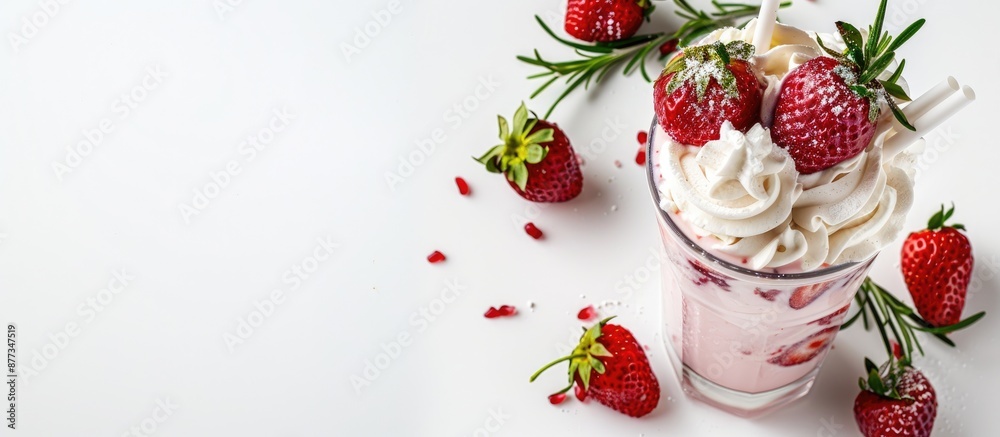 A milkshake adorned with strawberries whipped cream and rosemary presented as an isolated object on a white background with a clipping path for copy space image A milkshake adorned with strawberries whipped cream and rosemary presented as an isolated object on a white background with a clipping path for copy space image