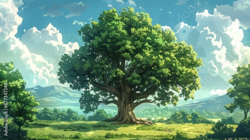Tranquil Landscape with a Majestic Oak Tree