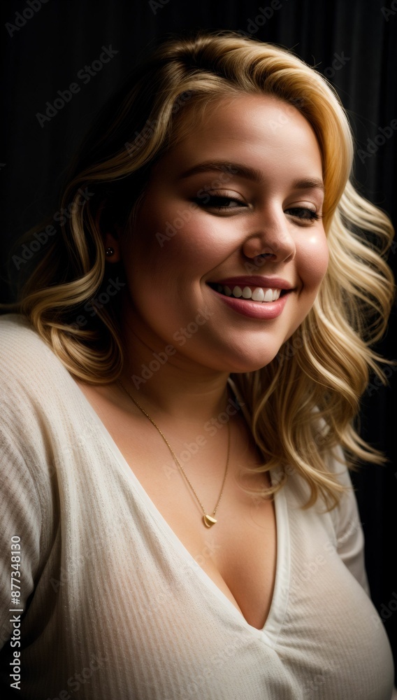 A portrait of a woman with blonde hair and fair skin, wearing a white top that features a V-neckline. A portrait of a woman with blonde hair and fair skin, wearing a white top that features a V-neckline.