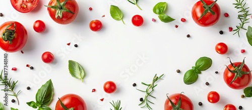Copy space image featuring various fresh vegetables arranged in a flat lay style on a white background