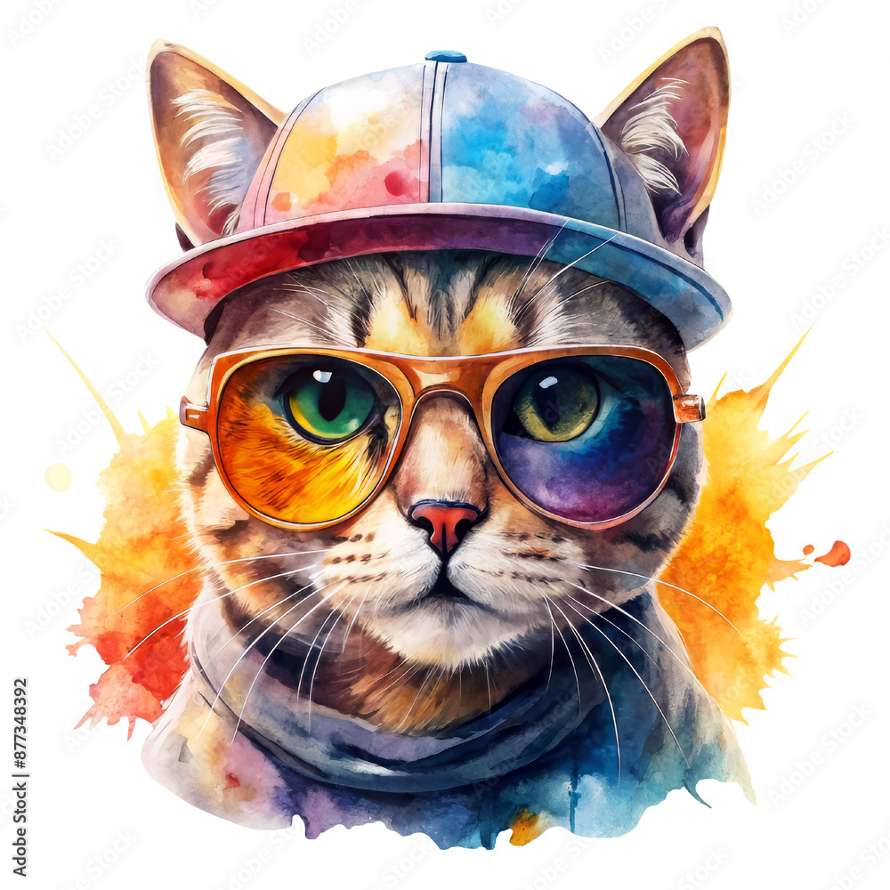 Fototapeta Watercolor cat wearing a colorful cap and sunglasses, showcasing a trendy and vibrant look with a splash of artistic background.