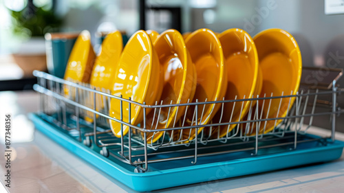Yellow plates neatly arranged in a dish rack on a kitchen counter.