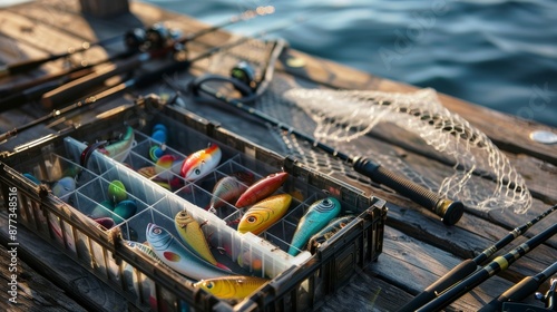 Wallpaper Mural Tackle box full of colorful fishing lures on wooden dock Torontodigital.ca