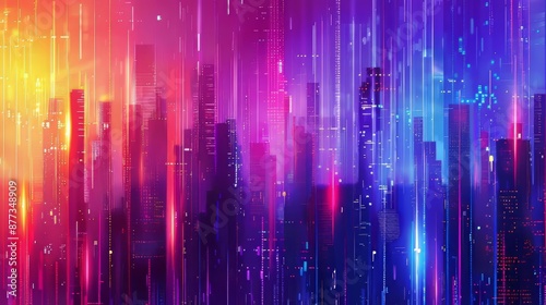 Retro illustration of glowing stripes in diagonal and straight gradations, generative art, cyberpunk, neon rain