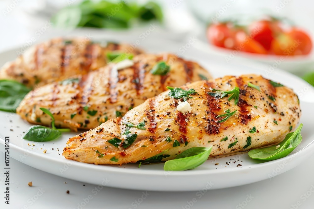 Grilled chicken breast with spinach and lemon on a plate Grilled chicken breast with spinach and lemon on a plate