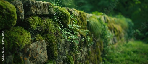 A medieval stone wall covered in moss and grass creating a natural background with a soft focus perfect for a copy space image