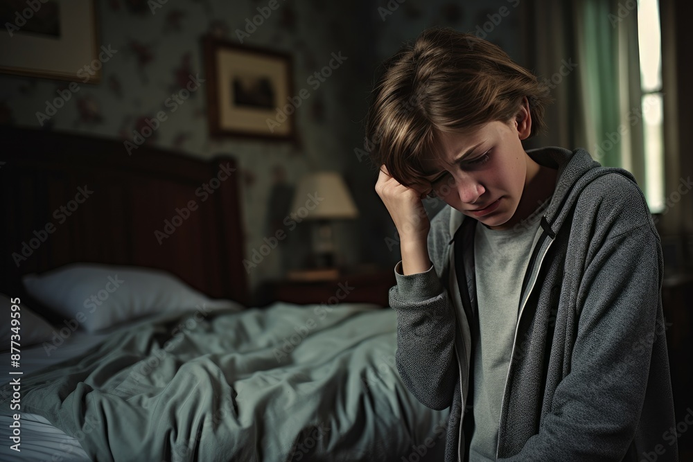 Pensive young boy appears upset or stressed, sitting indoors with a disheveled bed in the background Pensive young boy appears upset or stressed, sitting indoors with a disheveled bed in the background