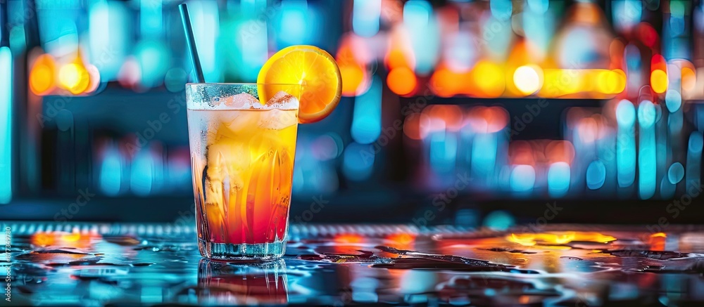 A cocktail displayed on a bar counter against a bar background with copy space image A cocktail displayed on a bar counter against a bar background with copy space image