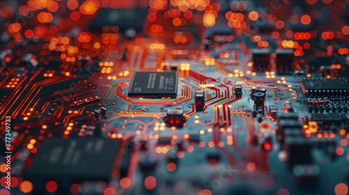 Colorful computer circuit board. CPU chips processor. Data collection on the motherboard. Technology hardware.