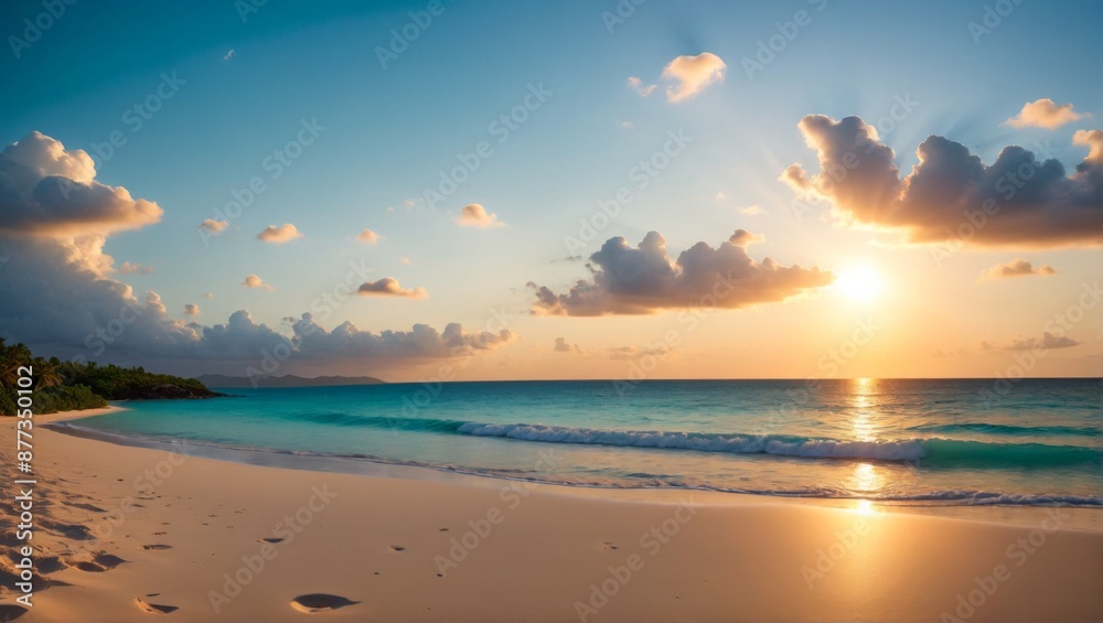 Fototapeta premium Paradise wallpaper background beach sand waves sunset