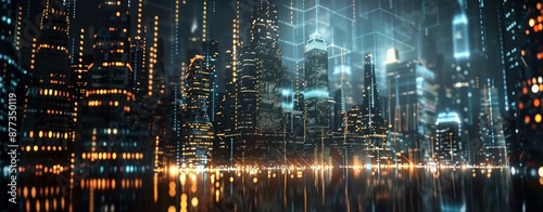 Various modern hi-tech skyscrapers with binary code in an abstract cityscape. Backdrop of digital urban architecture with glowing neon and reflections. © Mark