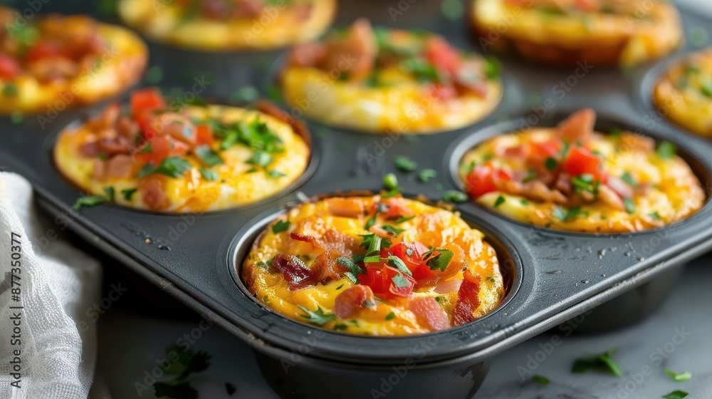 Closeup of savory egg muffins with bacon, tomato, and herbs in a muffin tin. Closeup of savory egg muffins with bacon, tomato, and herbs in a muffin tin.
