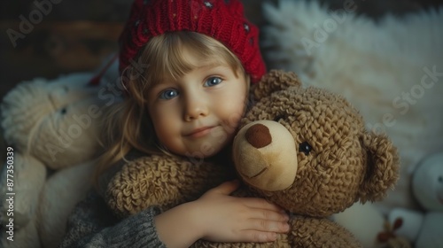 A girl hug a toy with smiling face
