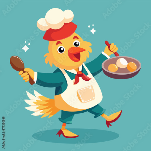 The rooster chef in the culinary illustration serves a delicious omelette for breakfast, making the morning the most fun part of the day.