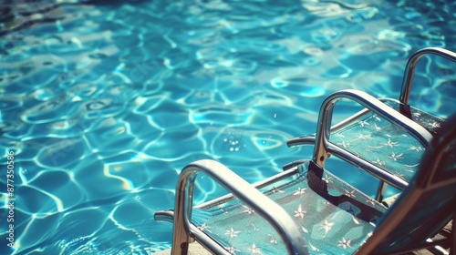 Summer pool. Swimming blue waters. Sunny day poolside. Crystal clear water. Sunshine and beach chairs.