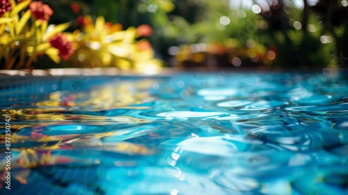 Summer pool. Swimming blue waters. Sunny day poolside. Crystal clear water. Sunshine and beach chairs.