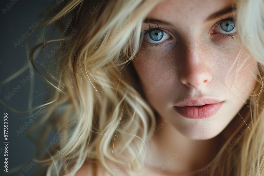 Beautiful young woman with long blonde hair and blue eyes is posing on a grey background Beautiful young woman with long blonde hair and blue eyes is posing on a grey background
