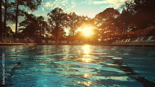 Summer pool. Swimming blue waters. Sunny day poolside. Crystal clear water. Sunshine and beach chairs.