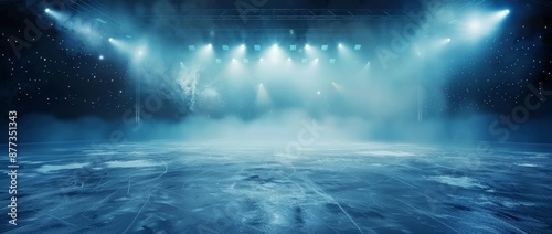 A sci-fi futuristic background with neon spotlights and smoke. Ice rink, professional arena, scene, winter sports poster, ice skating. Stadium. Stock.